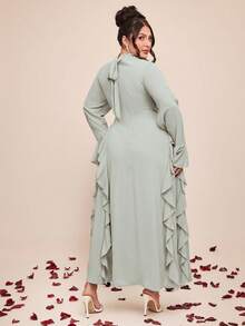 SHEIN BAE 大码纯色简约日常荷叶边长袖连衣裙 - 綠色 - 查看 2