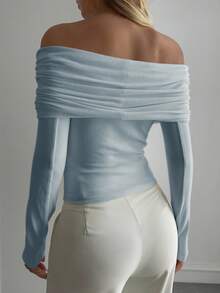 DAZY Women's Off-Shoulder Fitted T-Shirt, Autumn/Winter New Arrival - Blue - View 2