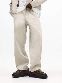 SUMWON 米色纽扣衬衫和阔腿裤套装，翻领长袖休闲两件套 - 卡其色 - 查看 4