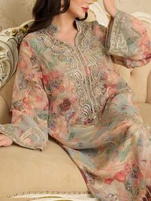 Al Najma Spring/Summer Flared Sleeve Stand Collar Beaded Floral Trim Maxi Arabian Dress - Multicolor - View 4