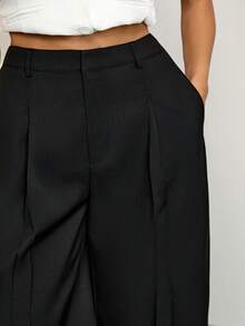 SHEIN Tall Casual Black Woven Fabric Bermuda Shorts For Women Zipper Detail Straight Leg Mid-Length - Black - View 7