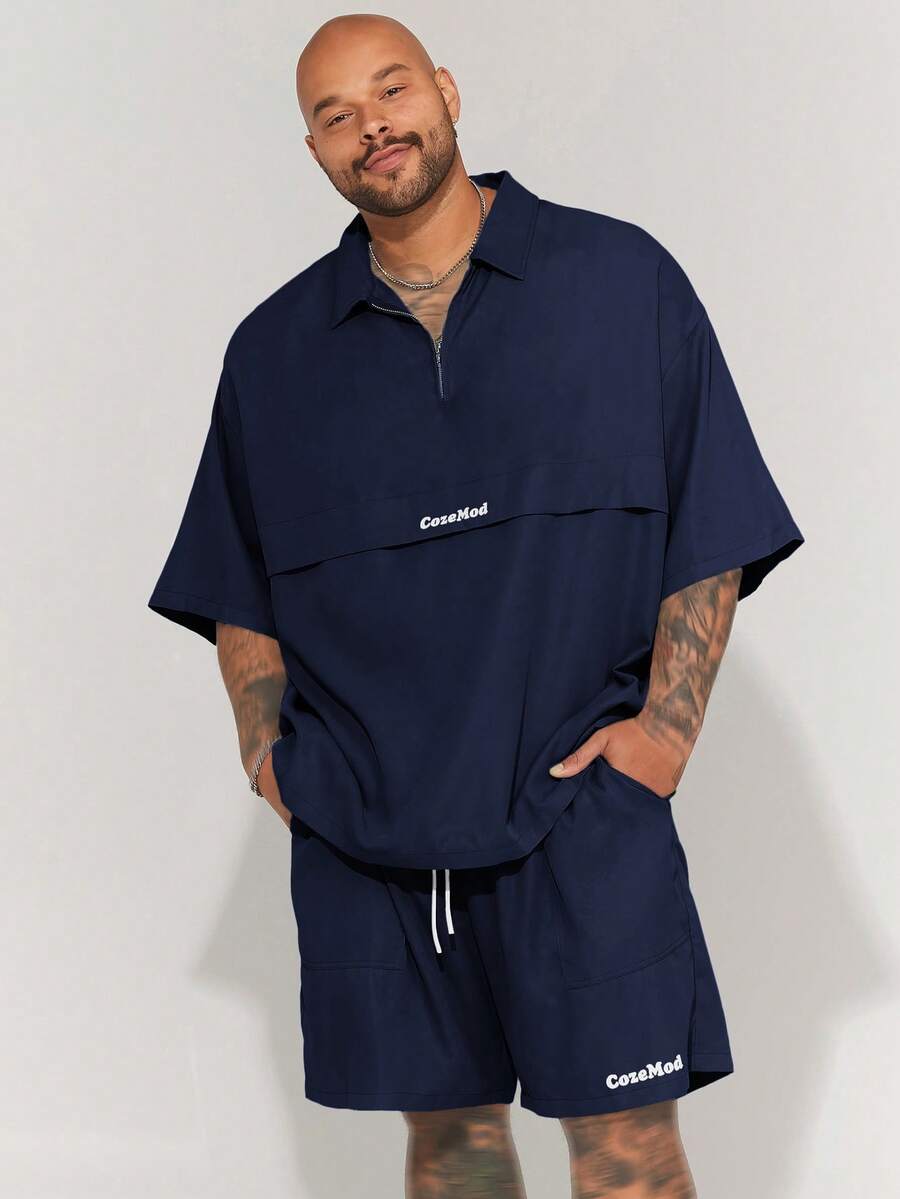 EASEVO 2pcs/Set Plus Size Men's Casual Loose Woven Short Sleeve Shirt Set, Suitable For Summer Daily Wear - Royal Blue - View 1