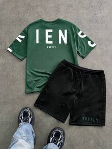 Manfinity Unisex 针织休闲印花短袖上衣和短裤两件套夏季服装，学校 - 墨綠色 - 查看 4