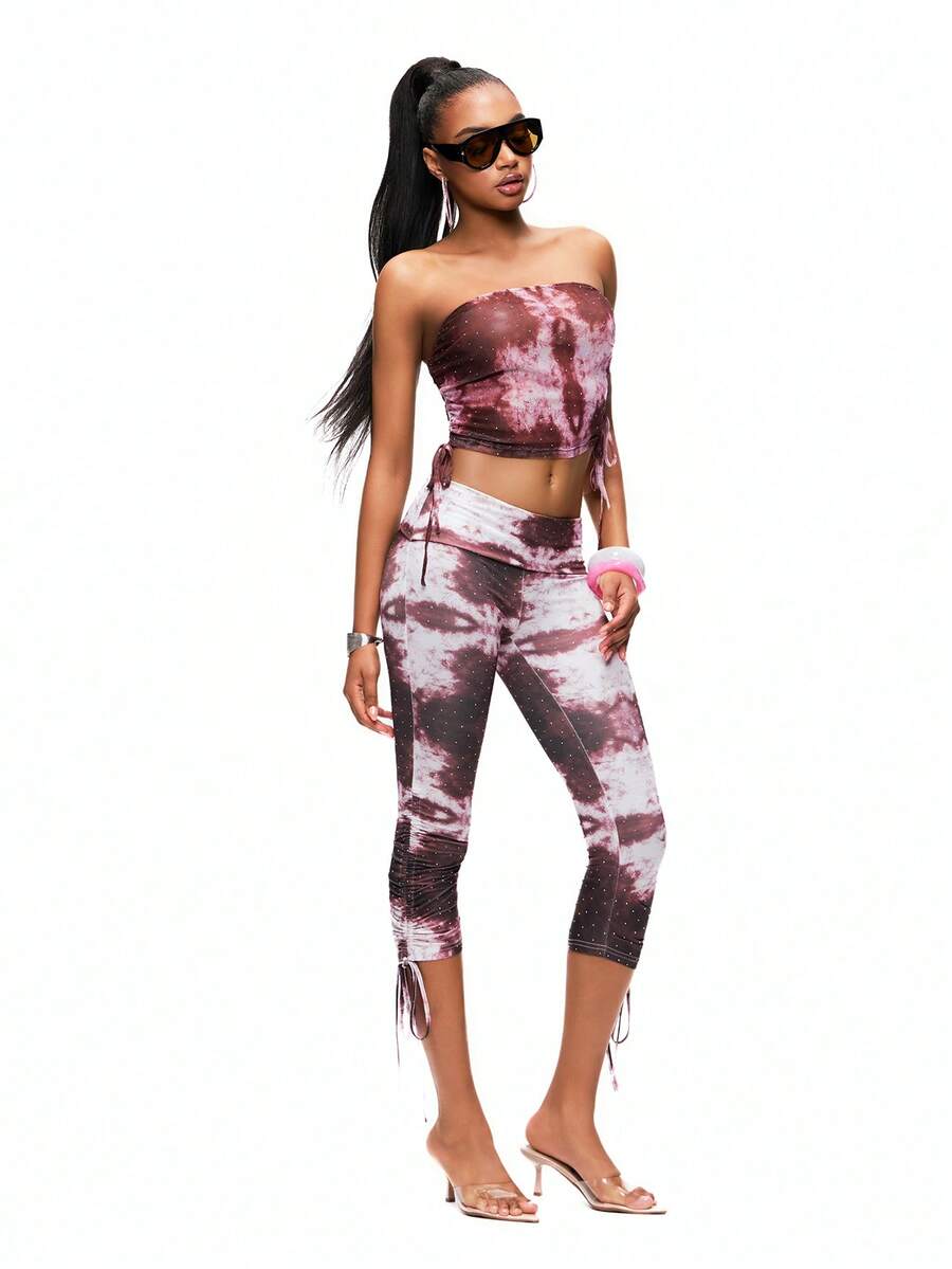 TypaGal 女士高腰扎染印花紧身抽绳七分裤 - 粉色 - 查看 1