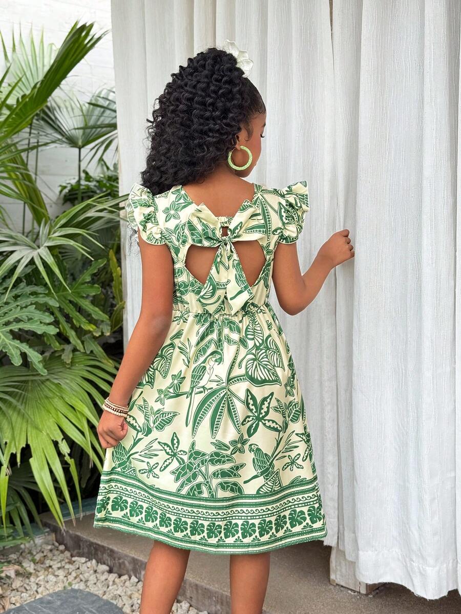 Girls' (Large) Spring/Summer Vacation Beach Floral Leaf Pattern Bohemian Colorful Ruffle Round Neck 3D Bow Back Fitted Waist Midi Dress - Green - View 1