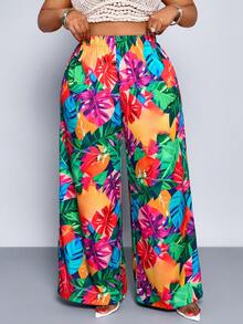 SHEIN PETITE CURVE Women's Tropical Print Loose A-Line Wide Leg Pants For Vacation - Multicolor - View 5