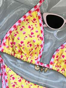 Swim Basics Women's Summer New Halter Tie-Up Pants Side Tie Floral Print Bikini Set - Multicolor - View 4