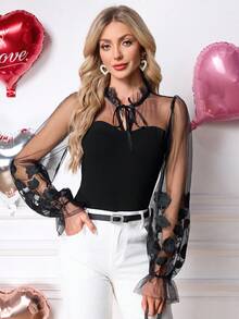 SHEIN Clasi Áo kiểu nữ mùa xuân thêu lưới, màu đen, thích hợp cho tiệc Valentine, tụ họp và mặc ngoài trời. - màu đen - Xem 4