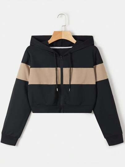 Almamuse 加大码女式撞色拉链前抽绳连帽卫衣