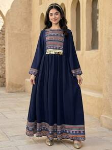 SHEIN 少女编织拼接花卉印花流苏休闲度假连衣裙 - 藏蓝色 - 查看 5