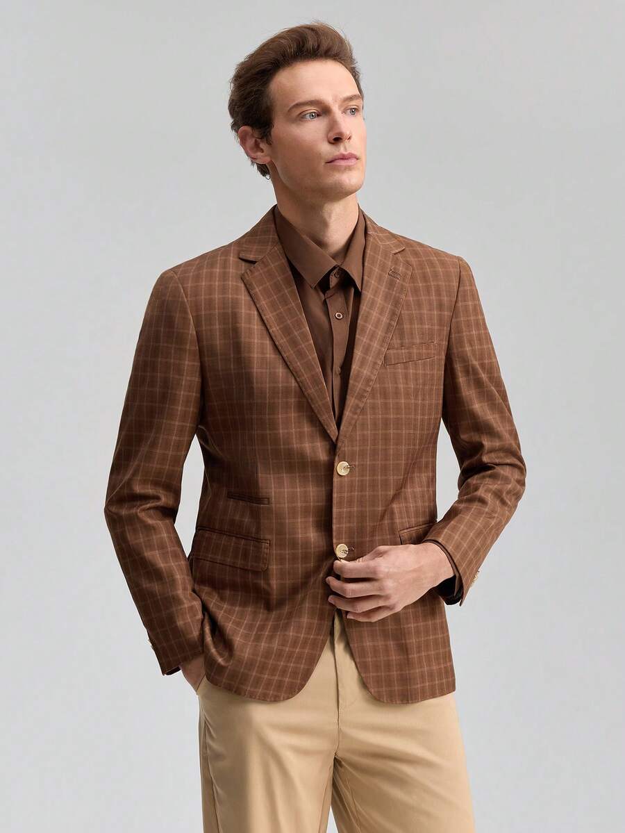Officeau Furuyal 男士条纹单排扣长袖修身西装外套，棕色，尺码 XS-3XL，适合派对、婚礼、通勤、晚宴、商务场合 - 咖啡棕 - 查看 1