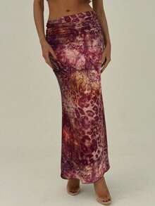 Aloruh 女士夏季度假波西米亚风动物纹网纱褶皱低腰半身裙，适合海滩度假、日常出行、音乐节等场合。 - 酒紅色 - 查看 4