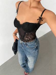 Aloruh 女士蝴蝶结装饰蕾丝网纱拼接性感吊带背心 - 黑色 - 查看 5