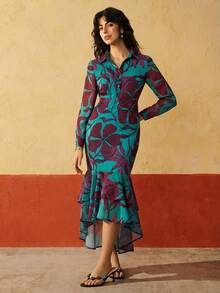 Felipe Marques Women's Floral Print Shirt Collar Maxi Dress, Casual For Spring/Autumn, Vacation, Party, Evening - Red - View 1