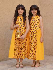 SHEIN Gaun Kasual Minimalis Nyaman Berkerah Motif Bunga Blok Warna untuk Anak Perempuan Remaja - Kuning - View 5