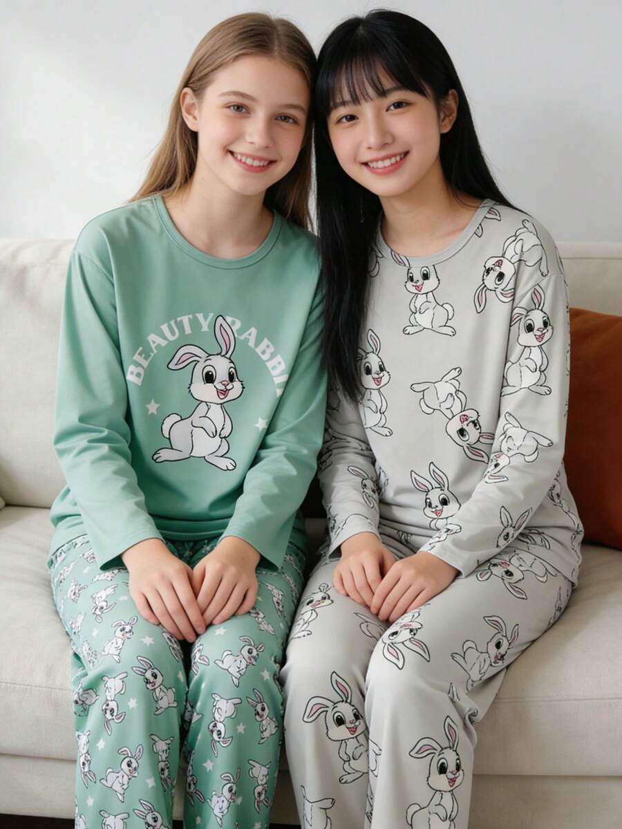 Tween Girls Pajamas-2 Piece Pajama Set Bunny Print Pajama Set Crew Neck Long Sleeve Long Pants TwoPiece Sleepwear Cute Bunny Pattern Mint Grey All Season Cozy Breathable Perfect Bedtime Lounging Holiday Gift 2026 New Year Must Have Kids Pajama Set Cute Pjs For Girls Girls Loungewear Sleep Wear Girls Teen Girls Lounge Wear Pajama Kids Girls - Pink - View 1