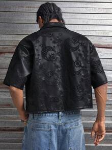 AXEPEAK Men's Summer Casual Star & Moon Embroidered Shirt - Black - View 2