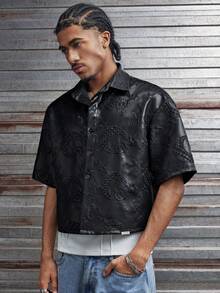 AXEPEAK Men's Summer Casual Star & Moon Embroidered Shirt - Black - View 4
