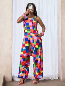 BamGleam Women Casual & Sweet Plaid Print Tie-Up Wide Leg Jumpsuit, Suitable For Going Out & Daily Wear & Romantic - Multicolor - View 4