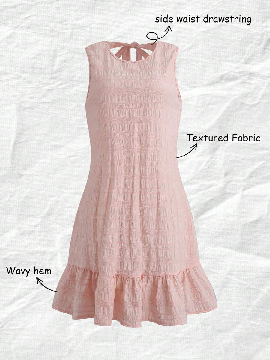 Chiquease Vestido casual de mujer con cuello redondo, volantes en el bajo y espalda descubierta de unicolor - Champán - Ver 1