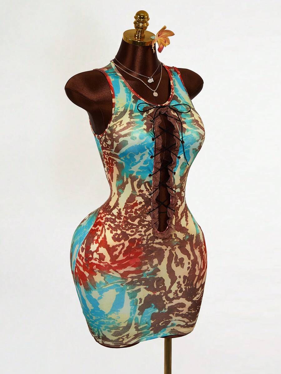 Mistrie Sexy Tie-Dye Cutout Lace-Up Sleeveless Mini Dress For Women Party Clubwear - Multicolor - View 1