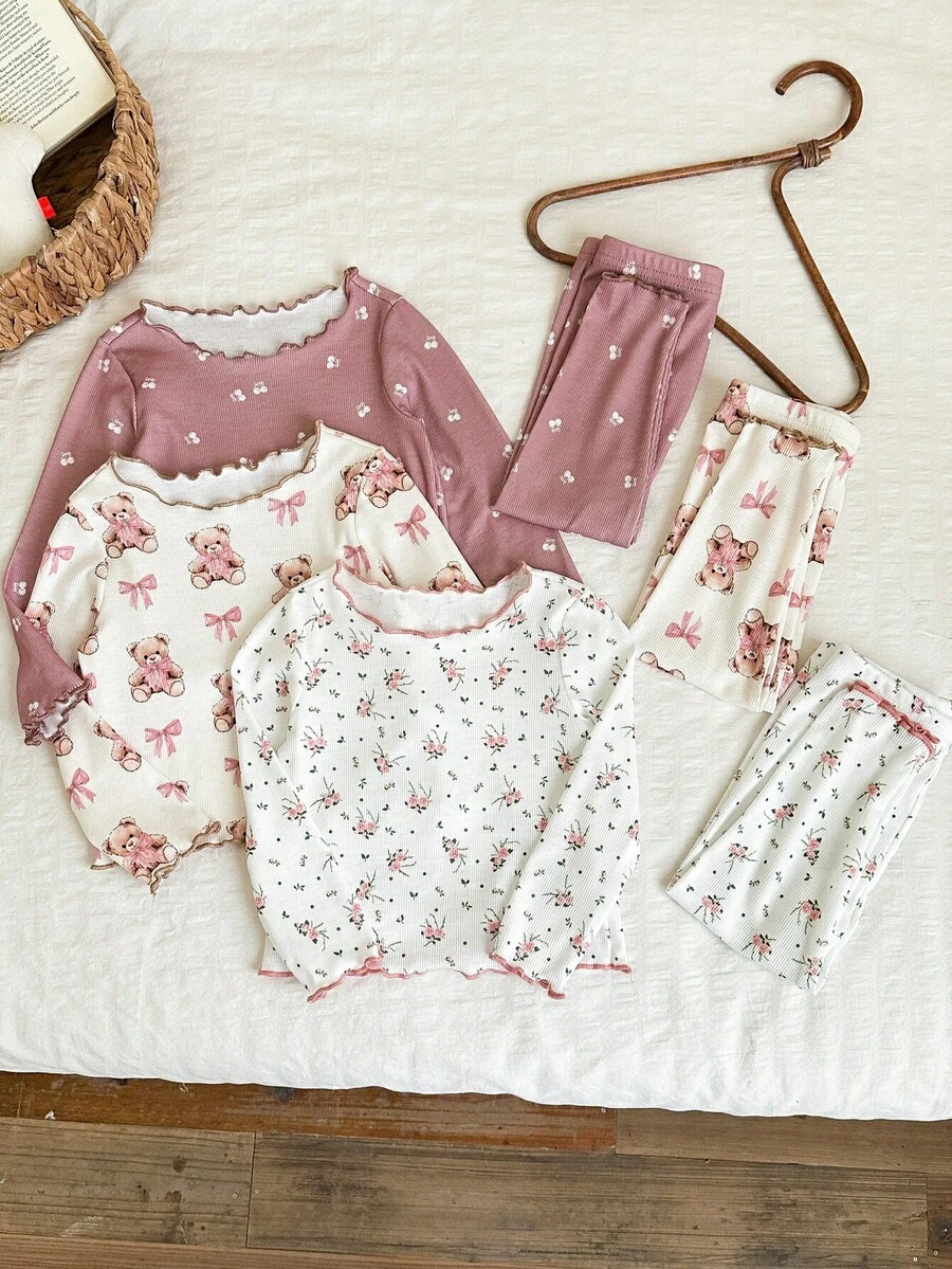 LMoss Kids Bộ đồ mặc nhà 2 món cho bé gái, chất liệu dệt kim, họa tiết hoa và gấu, cổ bèo nhún, gồm áo thun và quần. - Màu Hồng baby - Xem 1