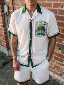 Manfinity RSRT 2025 男士夏季地图印花时尚短袖衬衫和短裤两件套度假套装，度假沙滩装，迈阿密服装，舒适服装 - 白色 - 查看 3