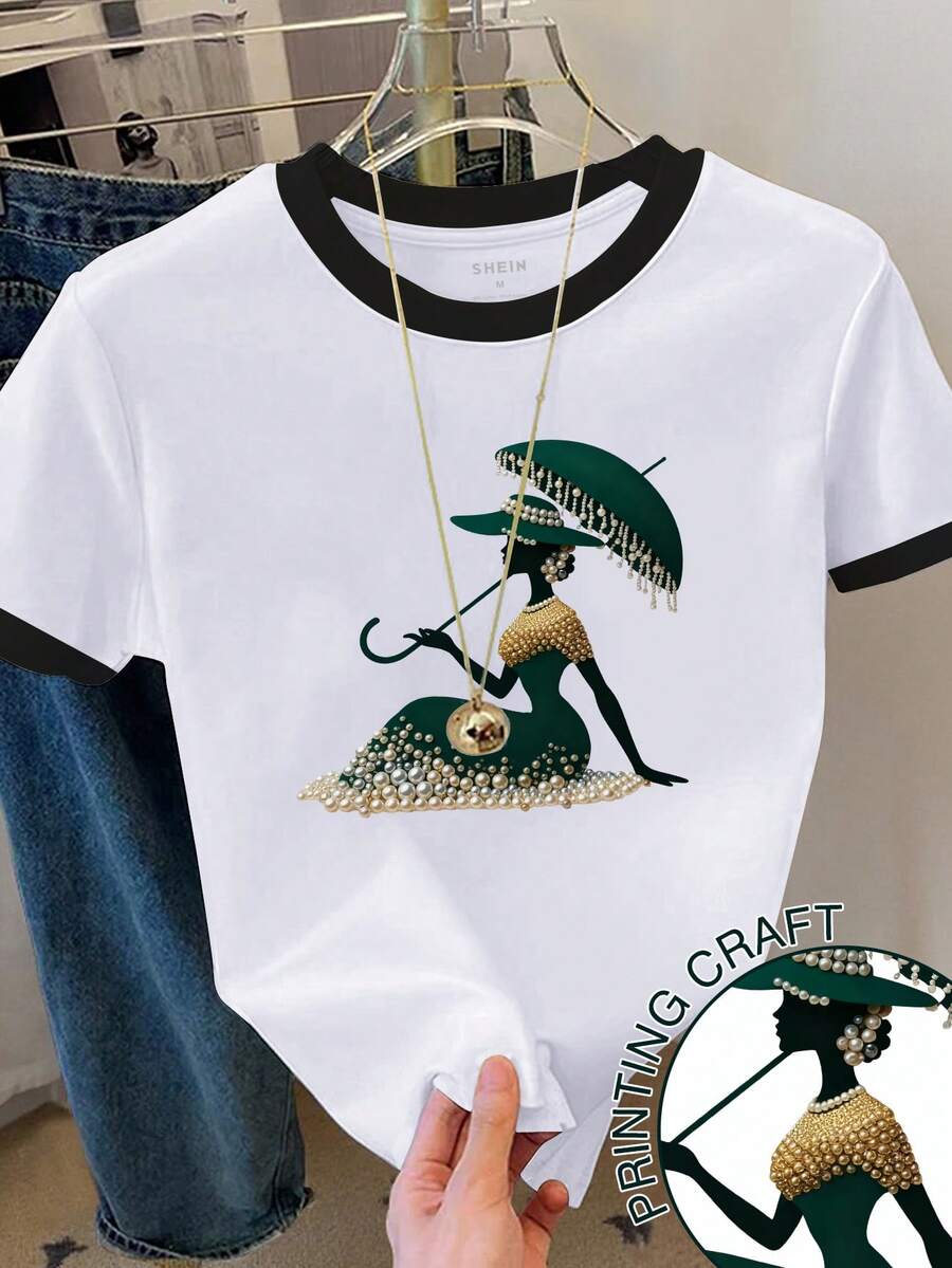 Resyla Women's Casual Everyday Commute Elegant Pearl Print Ringer Short Sleeve T-Shirt, Summer