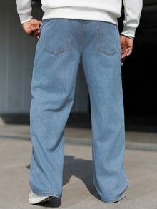 Manfinity Homme Celana Jeans Pria Ukuran Besar Kasual Model Lurus Warna Biru Muda - Biru - View 2