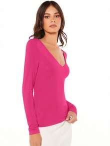 SHEIN BASICS Áo thun dài tay nữ cổ chữ V màu trơn, dáng ôm, phong cách thường ngày. - Màu Hồng Tươi - Xem 3