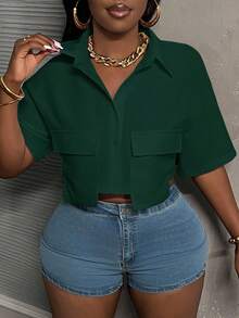 Slaydiva Áo croptop cổ polo trắng có túi, kiểu dáng thường ngày năng động, tay ngắn, có túi tiện dụng dành cho nữ, áo sơ mi công sở nữ, áo kiểu nữ, áo blouse công sở, trang phục công sở cho nữ. - màu xanh lá - Xem 6