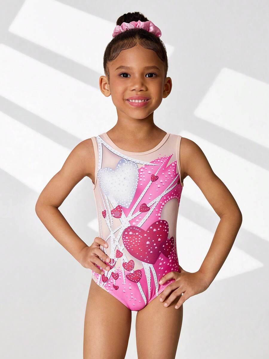 SHEIN Girls' High Stretch Leotard, Short Sleeve, Colorful Print, Suitable For School Competition, Daily Training, Comfortable Sportswear - Hot Pink - View 1
