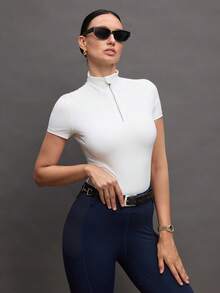 Activina Women's Stand Collar Solid Color Raglan Short Sleeve Fitted Equestrian Shirt - White - View 5