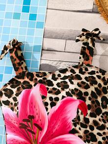 Emery Rose Kids Emery Rose Kids Tween Girl Floral & Leopard Print Bowknot One-Piece Swimsuit, Summer Beach Vacation - Brown - View 3