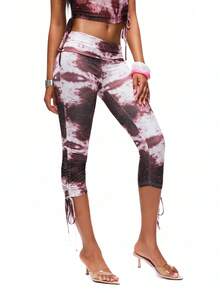 TypaGal 女士高腰扎染印花紧身抽绳七分裤 - 粉色 - 查看 3