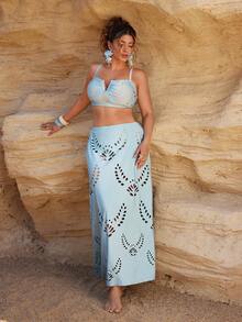 Swim Oasis Plus Size Solid Color Laser Cut Floral V-Neck Adjustable Strap Top Paired With High Waist Solid Color Laser Cut Floral Triangle Bikini Bottom And High Waist Solid Color Laser Cut Floral Skirt, Sexy Elegant Beach Holiday Swimsuit Set - Baby Blue - View 9
