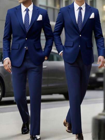 SHEIN Teen Boys' Simple Vintage Coin Design Blazer Jacket & Trousers Suit Set, Gentleman Style Casual School College Comfortable Soft Fabric Versatile Outfit Suitable For Daily Wear, School, Outings, Parties, Holidays