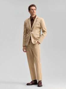 Officeau 男士休闲西装套装，包含外套和裤子，适合春秋季节穿着。 - 卡其色 - 查看 1
