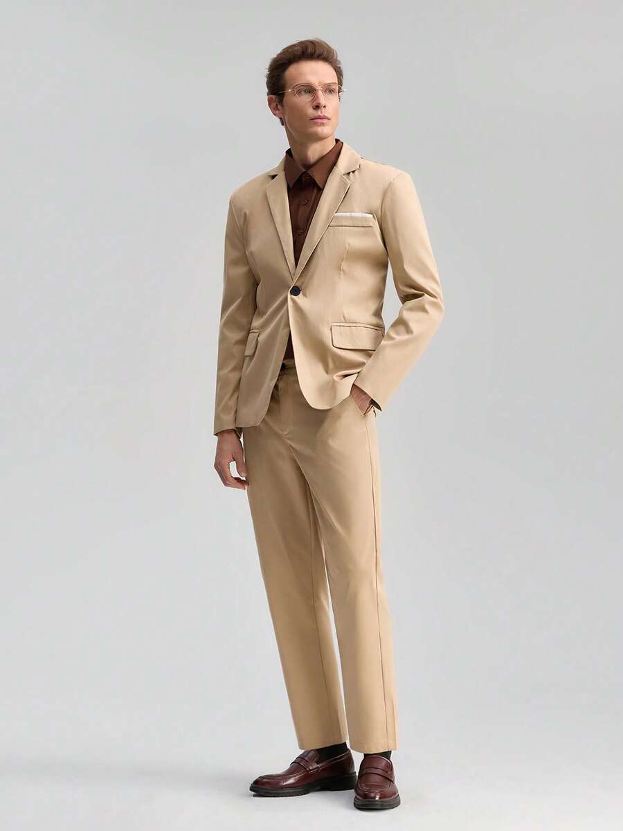 Officeau 男士休闲西装套装，包含外套和裤子，适合春秋季节穿着。 - 卡其色 - 查看 1