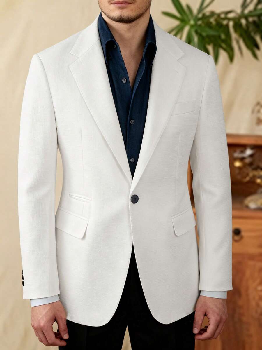 Manfinity Mode Men's Solid Color Lapel NeckLong Sleeve Single-Breasted Casual/Business Suit Jacket - White - View 1