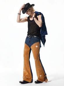 ROMWE MEN Street Life 男士时尚休闲拼接铆钉牛仔喇叭裤 - 藍色 - 查看 3