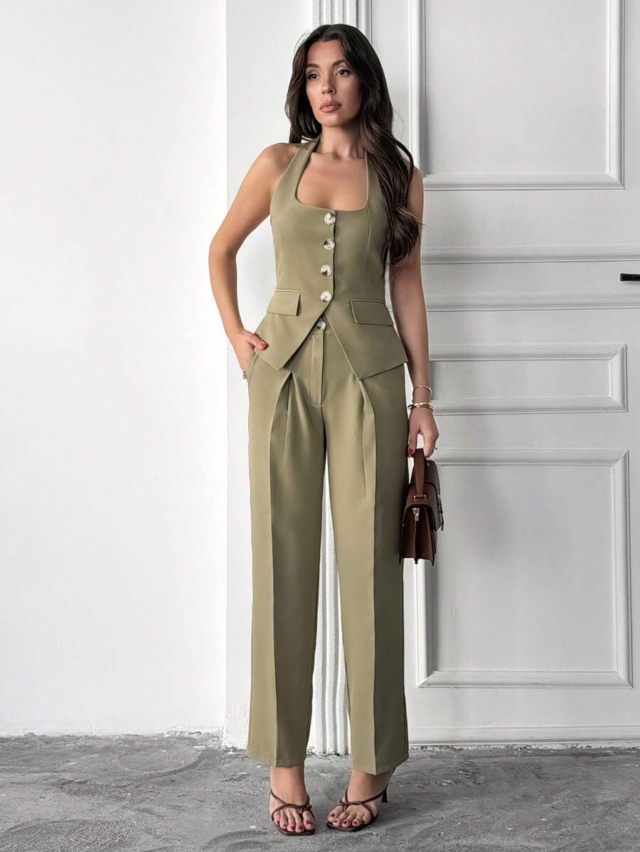 EURMUSE Summer Elegant Commuter Solid Color Backless Halter Vest & Pants Suit - Khaki - View 1