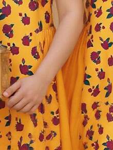 SHEIN Gaun Kasual Minimalis Nyaman Berkerah Motif Bunga Blok Warna untuk Anak Perempuan Remaja - Kuning - View 7