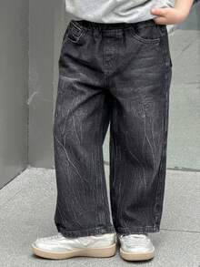 DAZY Young Boy Elastic Waist Pocket Loose Wide Leg Casual Jeans Spring - Black - View 6