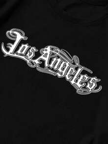 Manfinity Roughcore Áo thun nam phong cách đường phố in chữ Los Angeles, áo thun hip hop, áo thun in hình dành cho nam. - màu đen - Xem 3