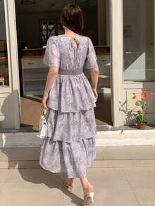 DAZY Vestido de mujer elegante con estampado floral de patchwork, cuello en V y volantes en el bajo, vestido largo de verano tipo sundress - Caqui - Ver 2