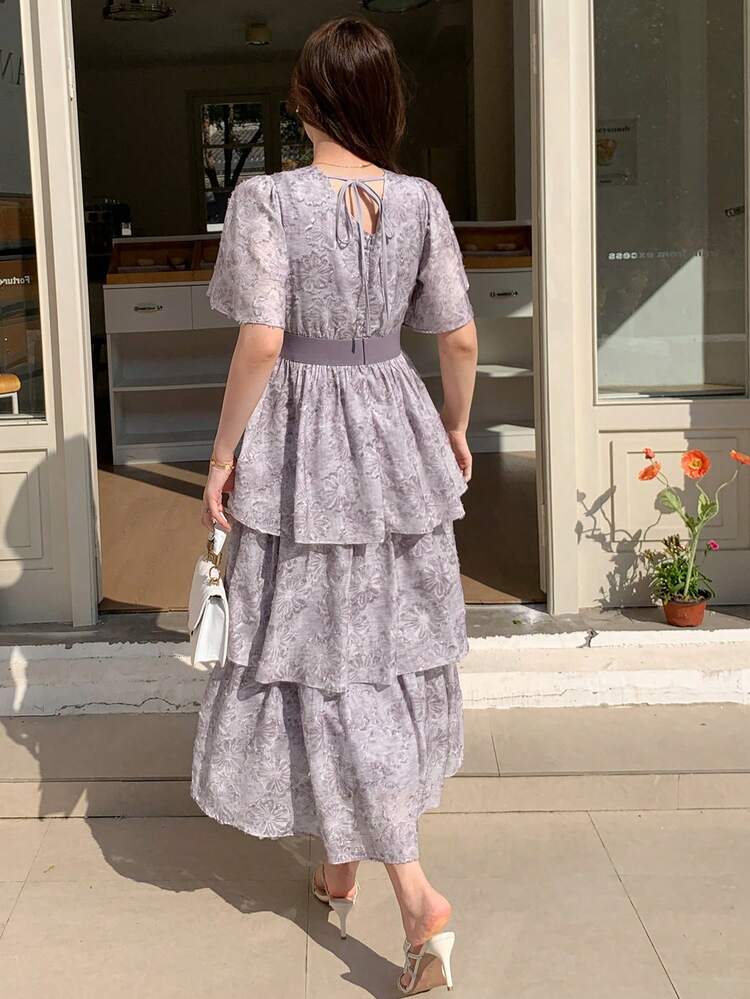 Women's Elegant Floral Patchwork V-Neck Ruffle Hem Dress, Summer Maxi Dress Sundress