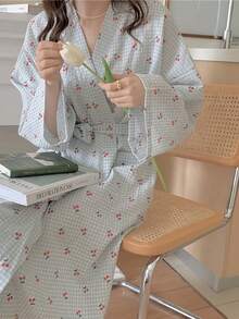 女士轻薄长袖睡袍 - 格纹印花和服式家居服，春秋季简约可爱家居服，柔软舒适的浴袍，助您放松身心，尽享惬意时光 - 藍色 - 查看 2