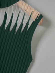 Franclia 女士无袖休闲撞色网眼针织上衣 - 墨綠色 - 查看 5