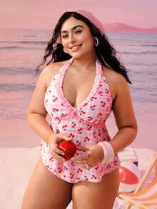 Swim Mod Plus Size Women Swimsuit, Sweet & Cute Casual Beach Holiday Random Floral, Plaid, Cherry Print Criss-Cross Ruffle Halter Tie Two Pieces Tankini Swimwear - Pink - View 5